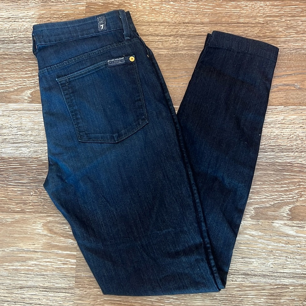 7 for all mankind, women’s skinny jeans, dark wash, high-rise with gold hardware
